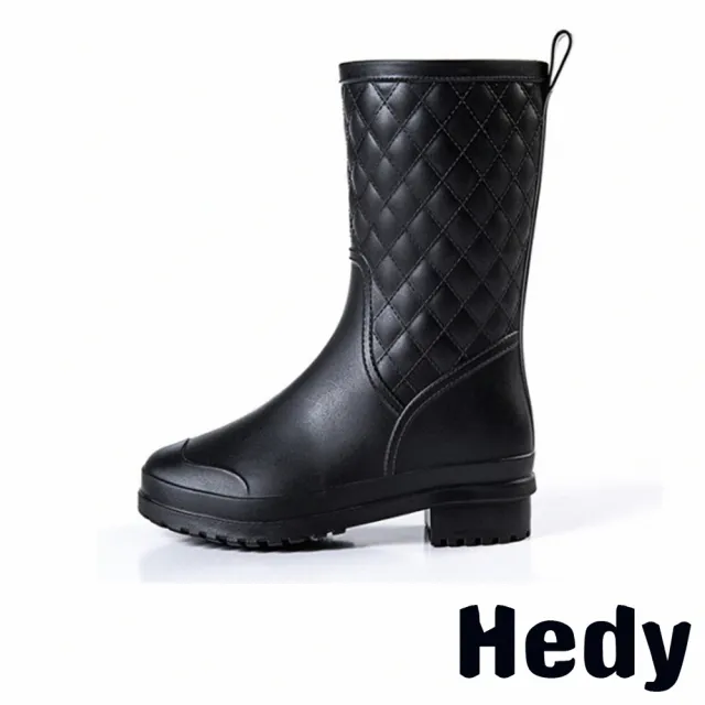【Hedy】中筒雨靴/時尚經典菱格紋百搭中筒雨靴(黑)