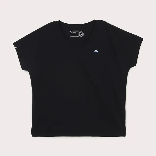 【Hang Ten】女裝-有機棉寬鬆V領刺繡短袖T恤-深藍