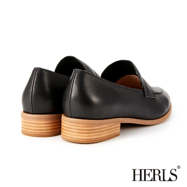【HERLS】樂福鞋-荔枝紋牛皮橫帶橢圓頭低跟樂福鞋(黑色)