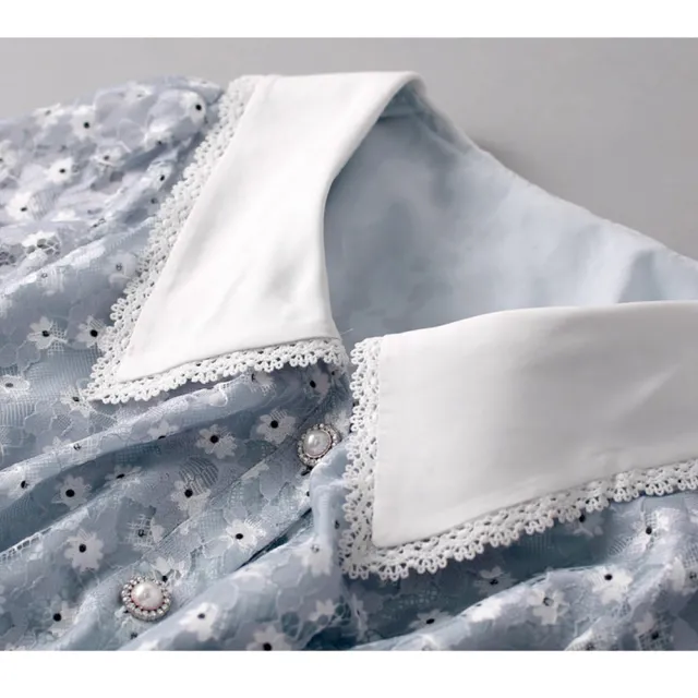 【初色】簡約氣質蕾絲泡泡袖雪紡連身裙洋裝-藍色-61210(M-2XL可選)