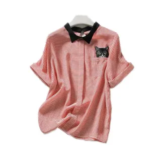【初色】可愛貓咪貼布條紋短袖雪紡襯衫上衣女上衣-共2色-61108(M-2XL可選)