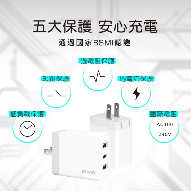 【KINYO】17W 雙USB+Type-C充電器(CUH-5355)