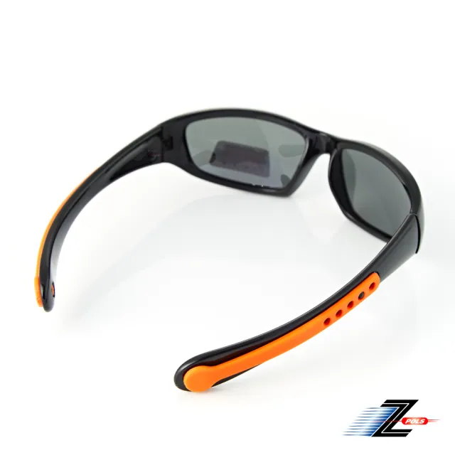 【Z-POLS】兒童款矽膠軟質彈性壓不壞 Polarized寶麗來偏光抗UV400太陽眼鏡ZP81黑橘配色(鏡腳可變身眼鏡繩)