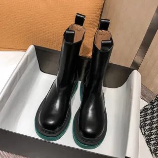 【Hedy】厚底切爾西靴 中筒切爾西靴/個性寬楦撞色厚底潮流中筒切爾西靴(綠)