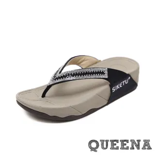 【QUEENA】夾腳拖鞋 厚底拖鞋 人字拖鞋/度假風美鑽亮片人字造型輕量厚底舒適拖鞋(黑)