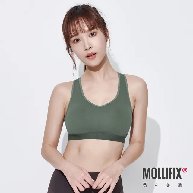 【Mollifix 瑪莉菲絲】交叉美背洞洞運動內衣、瑜珈服(灰湖綠)