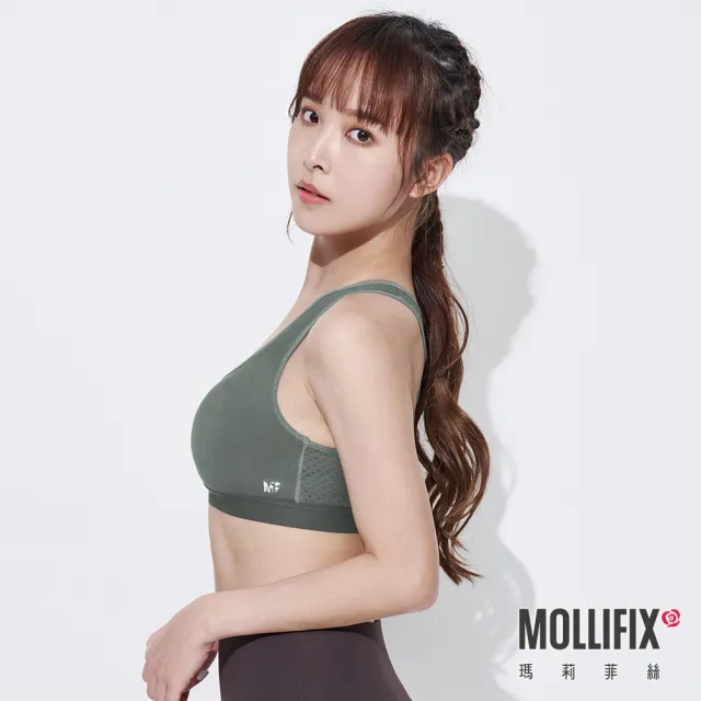 【Mollifix 瑪莉菲絲】交叉美背洞洞運動內衣、瑜珈服(灰湖綠)