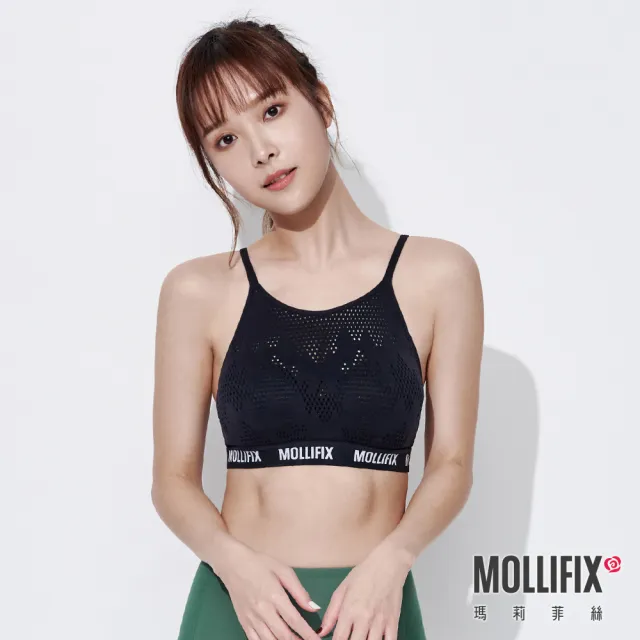 【Mollifix 瑪莉菲絲】A++美背細肩帶呼吸BRA、瑜珈服、無鋼圈、運動內衣(黑)