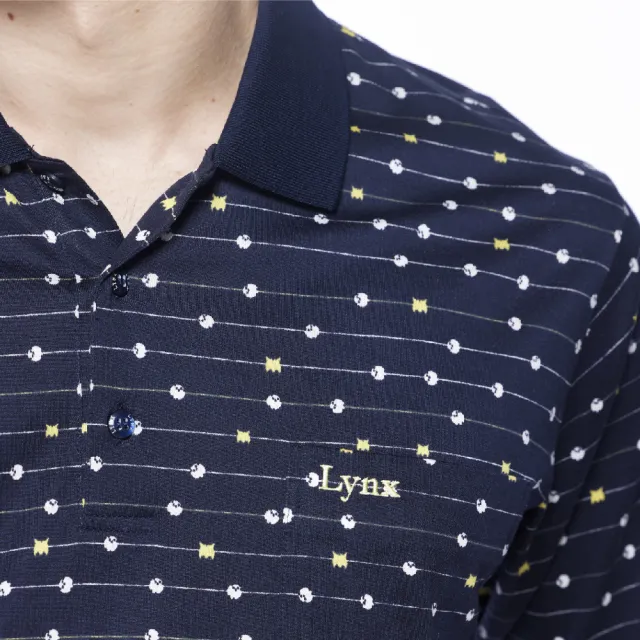 【Lynx Golf】男款雙絲光純棉羅紋領條紋滿版小山貓印花胸袋款短袖POLO衫/高爾夫球衫(深藍色)