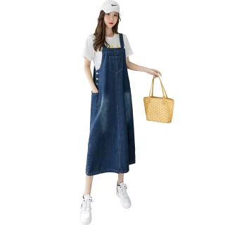 【CHACO】/現+預購/簡約刷白藍色吊帶牛仔長版連身裙#3665(現貨 吊帶 牛仔 連身裙 女 四季 藍色)