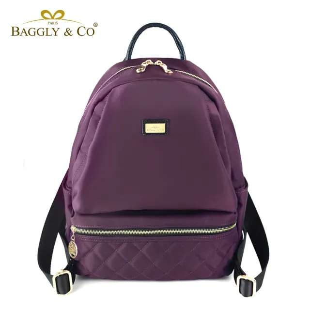 【BAGGLY&CO】大容量多隔層菱格紋真皮尼龍防盜後背包(貴人紫 真皮後背包 輕量尼龍包 真皮 後背包)