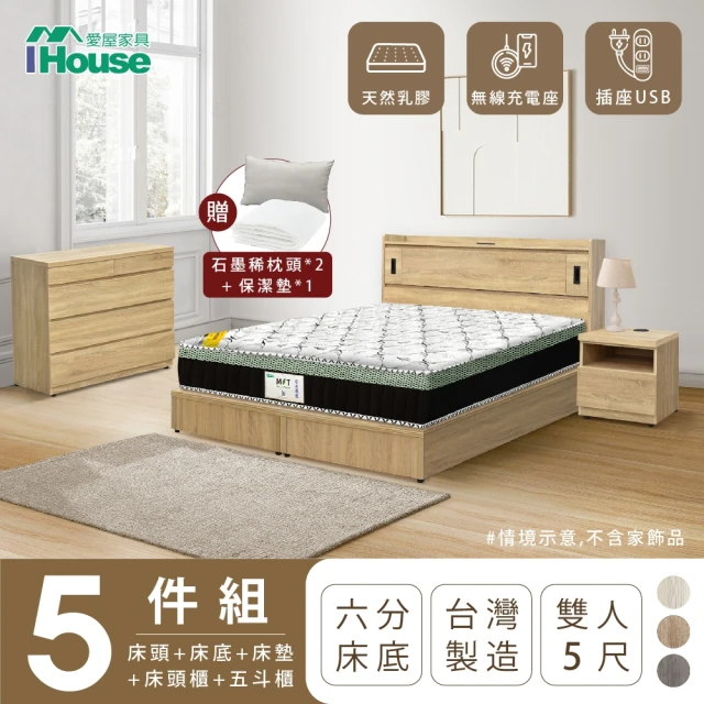 IHouse 品田 房間5件組 雙人5尺(床頭箱+6分底+床墊+床頭櫃+斗櫃)