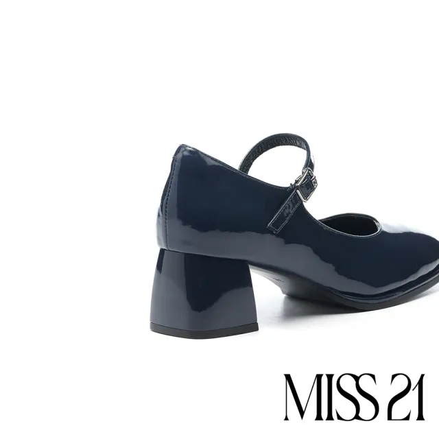 【MISS 21】復古微甜亮感牛軟漆皮方頭瑪莉珍粗高跟鞋(藍)