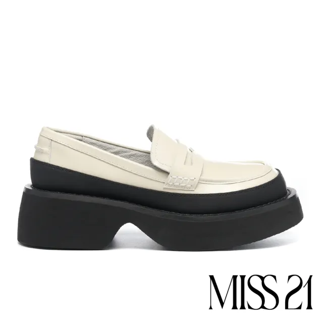 【MISS 21】霸氣復古霧感拼接牛漆皮大頭樂福厚底鞋(米白)