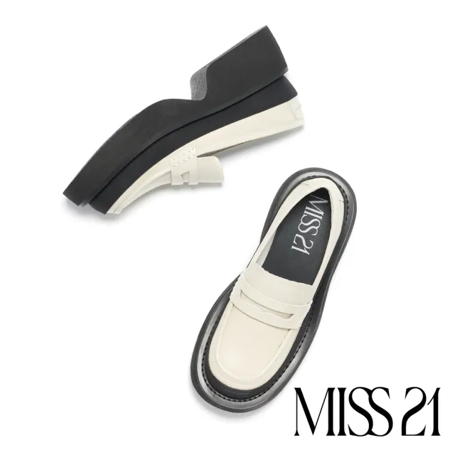 【MISS 21】霸氣復古霧感拼接牛漆皮大頭樂福厚底鞋(米白)