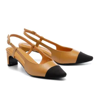 【BYHUE】優雅大人感拼接羊皮後繫帶軟芯方頭高跟鞋(棕)