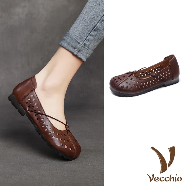Vecchio 真皮跟鞋 低跟跟鞋/全真皮頭層牛皮水滴縷空寬楦舒適低跟鞋(棕)