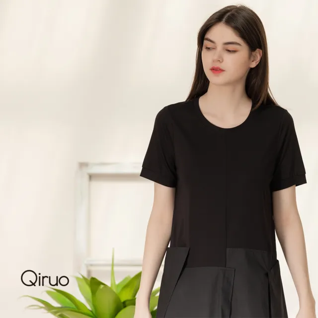 【Qiruo 奇若名品】春夏專櫃黑色短袖洋裝2110F  休閒拼接設計(舒)