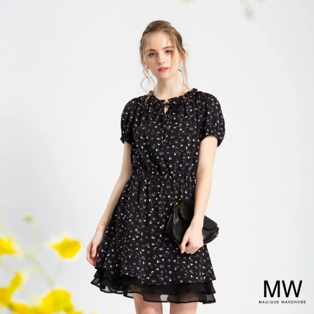 【MAGIQUE WARDROBE】荷葉領綁帶雪紡印花洋裝(2色)