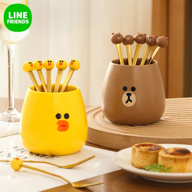 LINE FRIENDS 熊大莎莉304不鏽鋼水果叉6入組(陶瓷罐+叉子)