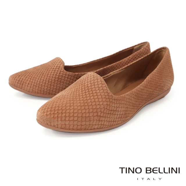 TINO BELLINI 貝里尼 巴西進口牛皮壓紋尖楦舒足平底鞋FWBT031(米)