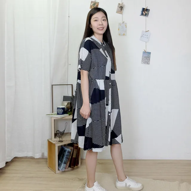 【Hana Mokuba】花木馬日系女裝幾何條紋襯衫式休閒洋裝(洋裝)