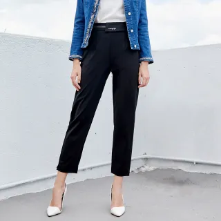 【MYVEGA 麥雪爾】MA純棉不對稱腰頭LOGO刺繡九分褲-黑