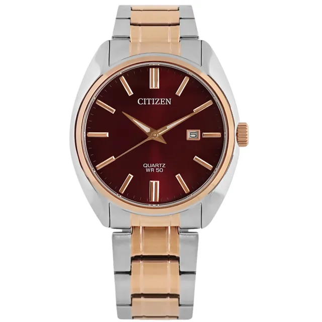 【CITIZEN 星辰】極簡時尚 礦石強化玻璃 日本機芯 日期 不鏽鋼手錶 紅x鍍玫瑰金 41mm(BI5104-57X)