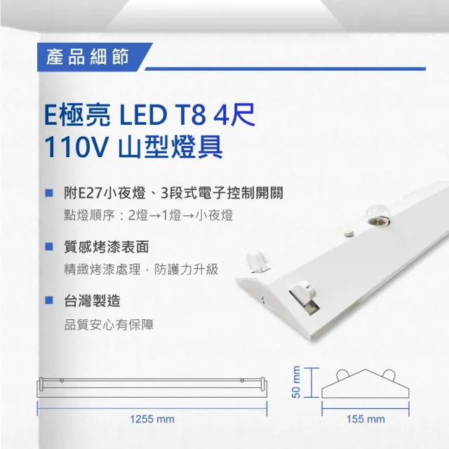 【E極亮】LED T8 4尺*2管 附小夜燈 山型 含燈管 白光 2入組(4尺*2管+小夜燈 山形)