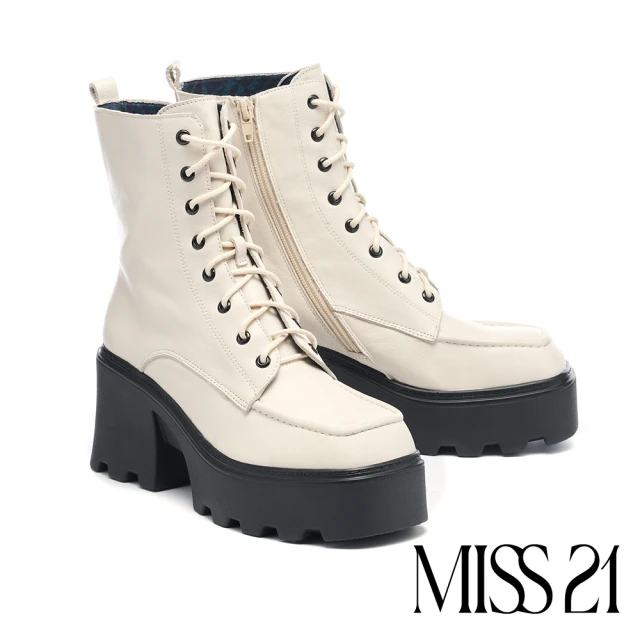 MISS 21MISS 21 霸氣少女純色綁帶大方頭高跟厚底短靴(米白)