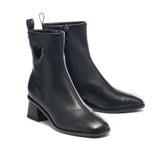 【MISS 21】甜酷風愛心純色方頭側拉鍊高跟短靴(黑)