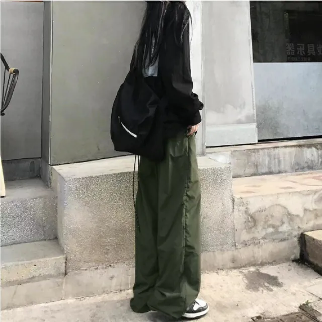 【Shiny 藍格子】單色街頭風寬鬆闊腿鬆緊腰束腳長褲 V3677 現+預(女褲 寬褲)