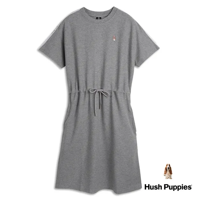 【Hush Puppies】女裝 洋裝 素色刺繡狗織帶腰抽繩洋裝(麻灰 / 34215101)