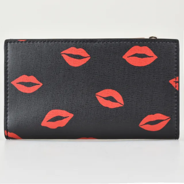 【KATE SPADE】Kate Spade SPENCER金字LOGO炙熱紅唇花紋設計PVC 6卡拉鍊釦式零錢包(黑)