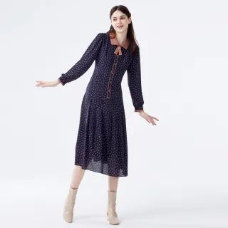 【MYVEGA 麥雪爾】撞色領邊小花雪紡長洋裝-深藍