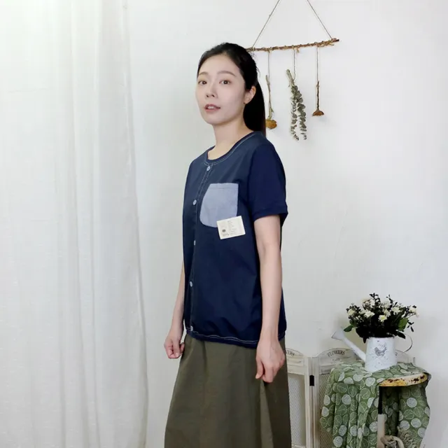 【Hana Mokuba】花木馬日系女裝針梭織拼接裝飾門襟休閒T恤(T恤)