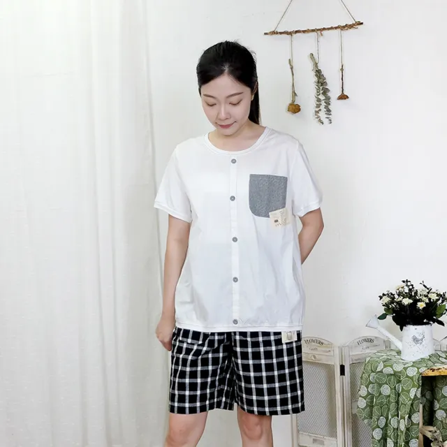【Hana Mokuba】花木馬日系女裝針梭織拼接裝飾門襟休閒T恤(T恤)