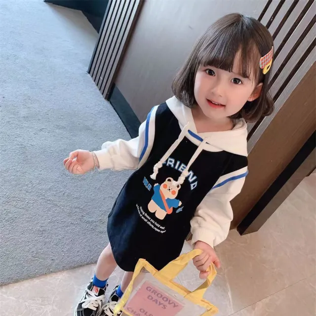 【安朵童舖】現貨韓版兒童薄款長袖小熊連帽連身裙女寶長袖拼接連身裙女童連帽長袖連身裙(14)