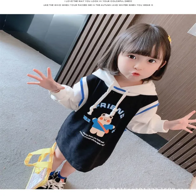 【安朵童舖】現貨韓版兒童薄款長袖小熊連帽連身裙女寶長袖拼接連身裙女童連帽長袖連身裙(14)