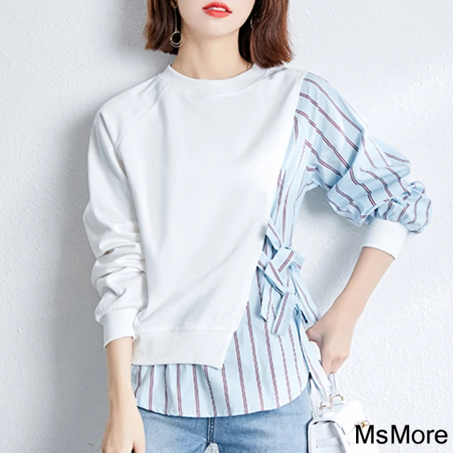 【MsMore】假兩件條紋襯衫長袖寬鬆短版造型上衣#118713(白)