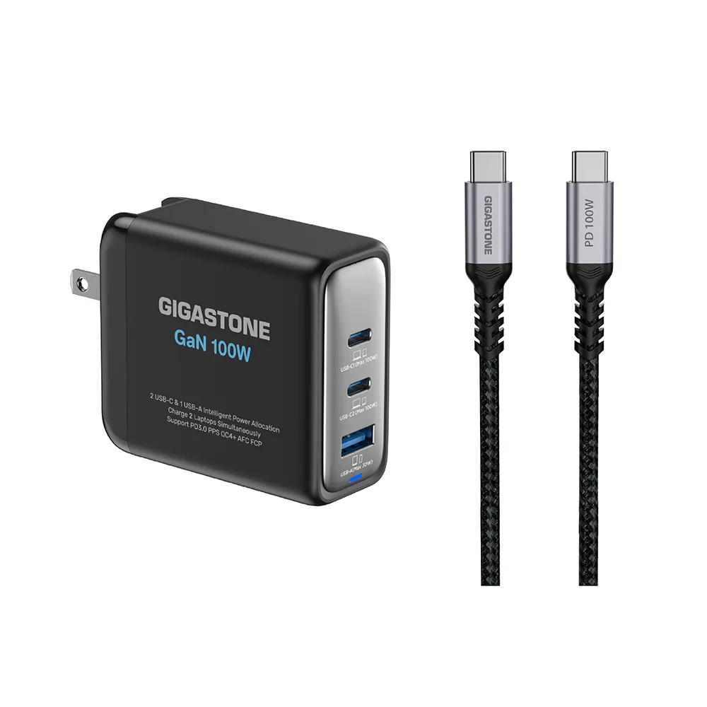 【GIGASTONE 立達】100W GaN氮化鎵三孔USB-C充電器+C to C 100W快充傳輸線(iPhone15/MacBook快充充電頭)