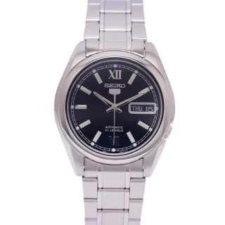 【SEIKO 精工】五號機機芯機械不鏽鋼錶帶手錶-黑面x銀色/37mm(SNKL55K1)