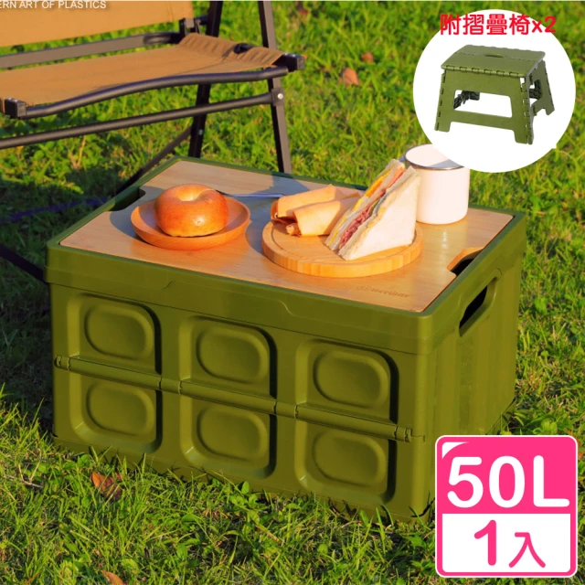 真心良品 班布全功能摺疊收納箱50L-1入組附摺疊椅(露營收納桌 野餐置物籃 玩具整理箱)