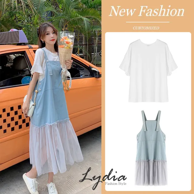 【Lydia】現貨 兩件式套裝 休閒套裝 牛仔吊帶裙 短袖上衣(白藍 M、L、XL)