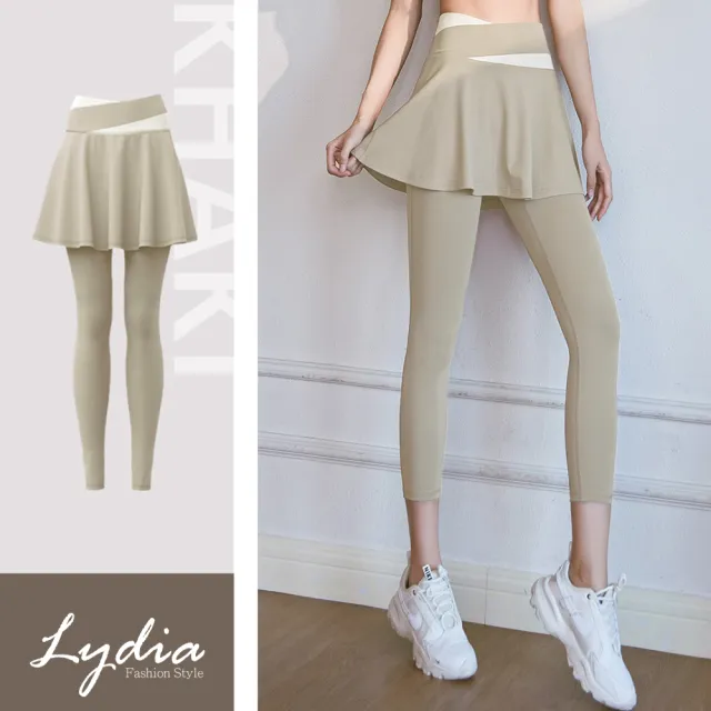【Lydia】現貨 撞色高腰彈性運動假兩件短裙長褲(卡其/藍/紫/黑 M.L.XL.2L)