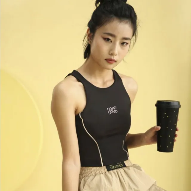 【FIZZCOCO】現貨19 直角肩運動背心 支撐塑形時尚高雅無袖背心(曜石黑)