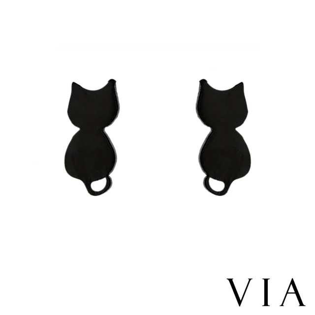 【VIA】白鋼耳釘 貓咪耳釘/動物系列 貓咪背影造型白鋼耳釘(黑色)