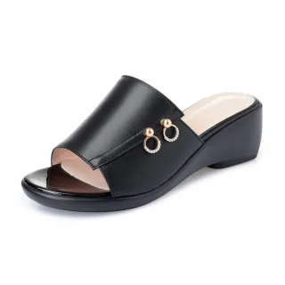 【MOM】真皮拖鞋 坡跟拖鞋/真皮美鑽環飾典雅氣質坡跟拖鞋(棕)