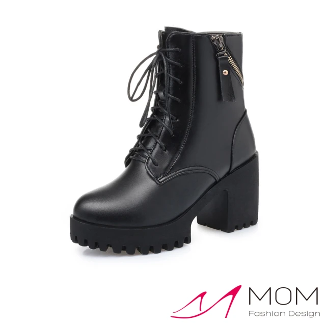 MOM 真皮馬丁靴 粗跟馬丁靴/真皮保暖機能個性防水台繫帶造型粗跟馬丁靴(黑)