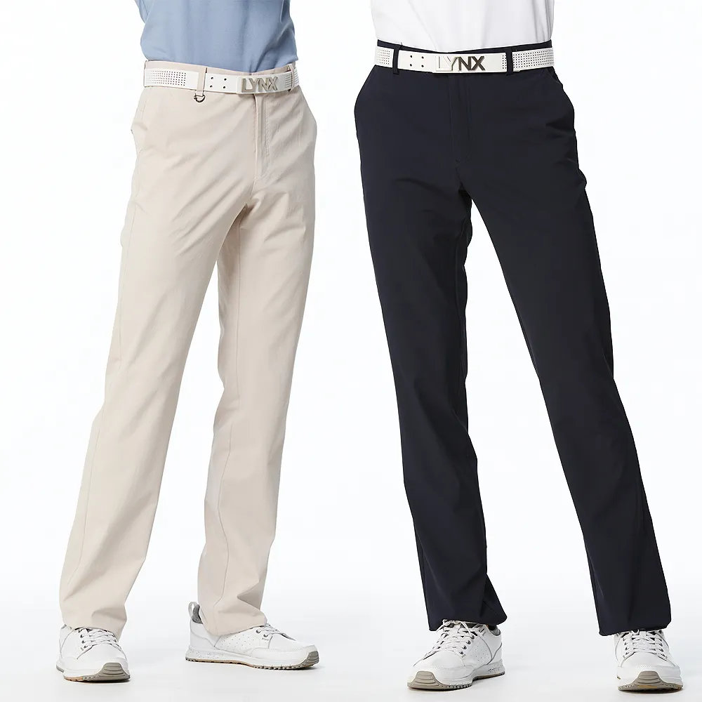 【Lynx Golf】男款日本進口布料素面質感壓紋織帶繡花造型平口微窄管休閒長褲(二色)